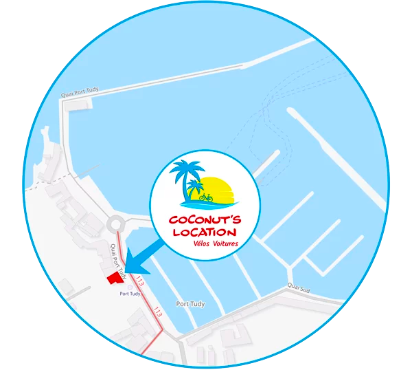 Afin de louer votre voiture chez Coconut's location, rendez-vous à Port-Tudy sur l'Ile de Groix à Lorient Bretagne Sud ( Morbihan, 56)