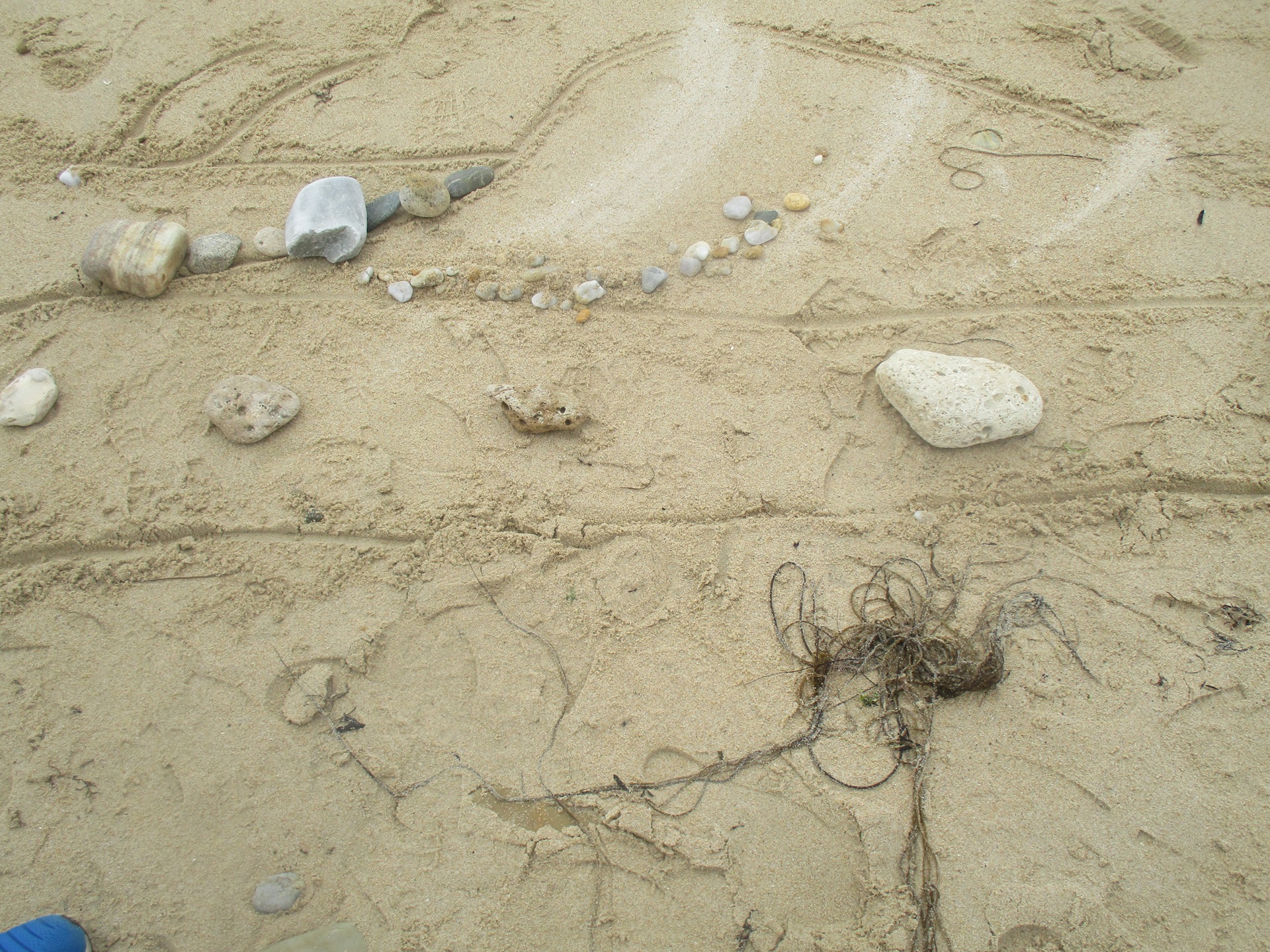 Sable, algues et cailloux sur la plage (Plouhinec, Morbihan, 56)