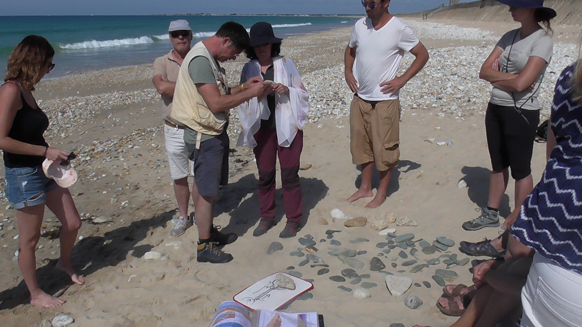 Samuel Piriou, géologue et animateur scientifique, à la recherche de fossiles avec son groupe sur la plage lors d’une visite guidée organisée dans le cadre de son activité (Plouhinec, Morbihan, 56)
