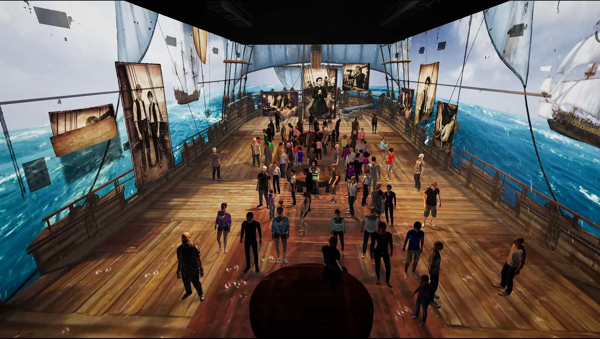 Projection d'une coque de bateau pendant le spectacle Voyage vers les Indes à Lorient La Base (Morbihan, 56)